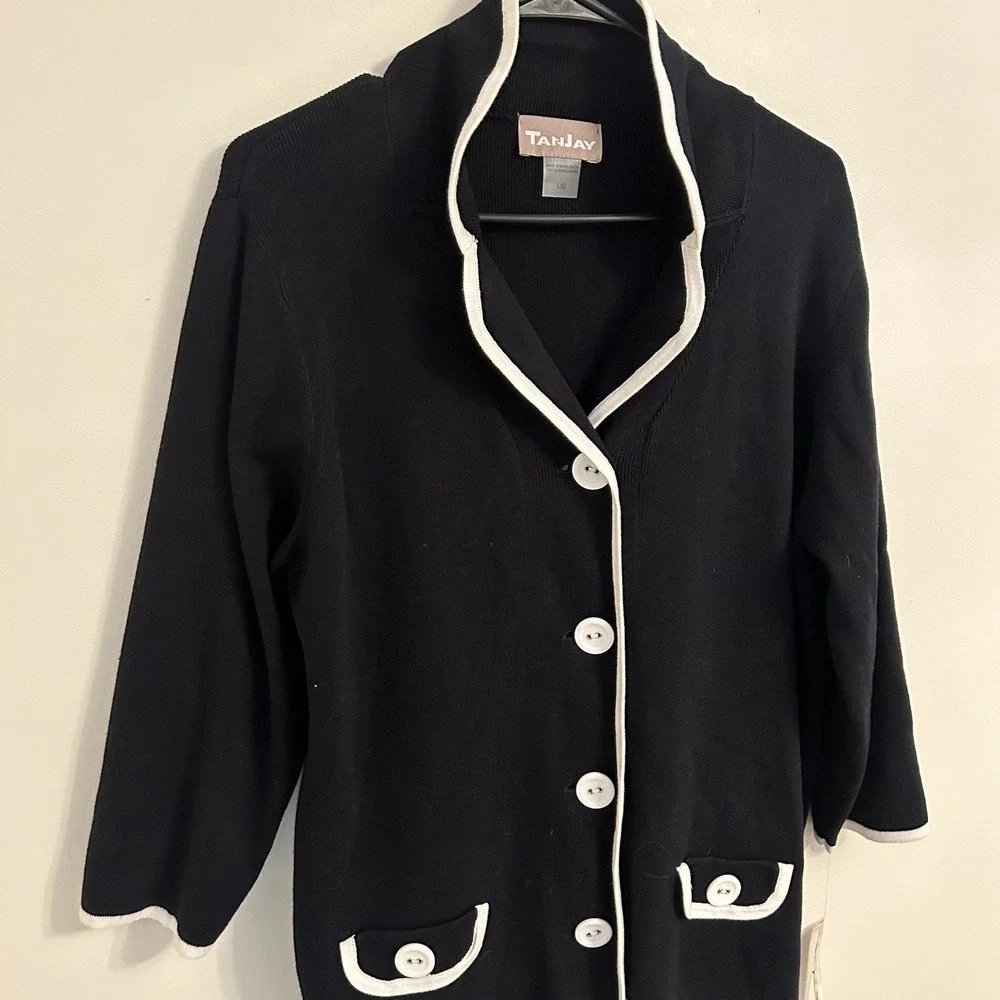 TanJay NWT Women's Black Knit Jacket Cardigan White Trim Button Front Size Large